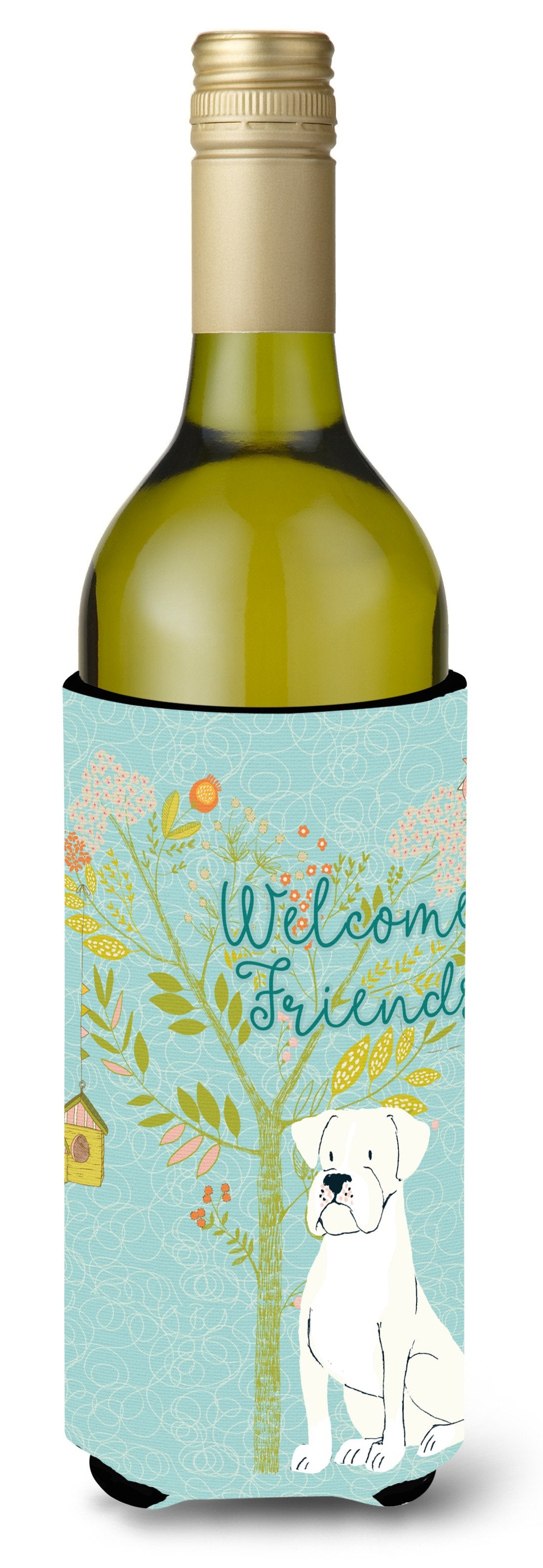 Welcome Friends White Boxer Wine Bottle Beverge Insulator Hugger BB7580LITERK by Caroline&#39;s Treasures