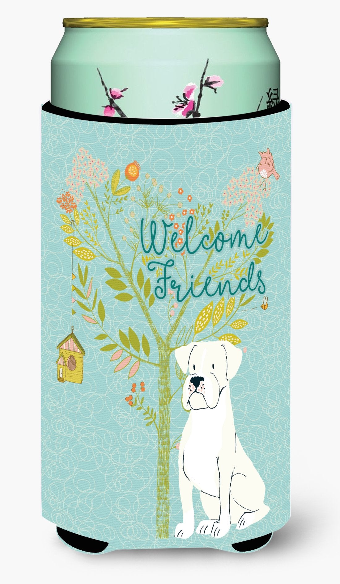 Welcome Friends White Boxer Tall Boy Beverage Insulator Hugger BB7580TBC by Caroline&#39;s Treasures