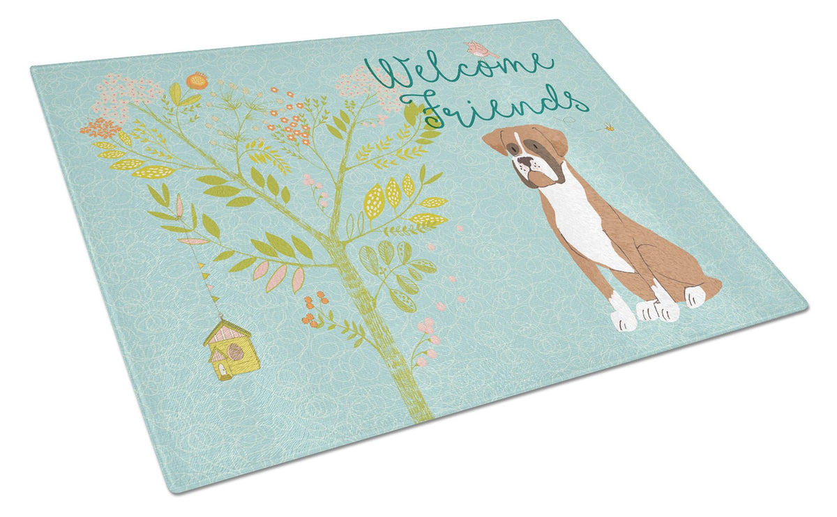 Welcome Friends Flashy Fawn Boxer Glass Cutting Board Large BB7582LCB by Caroline&#39;s Treasures