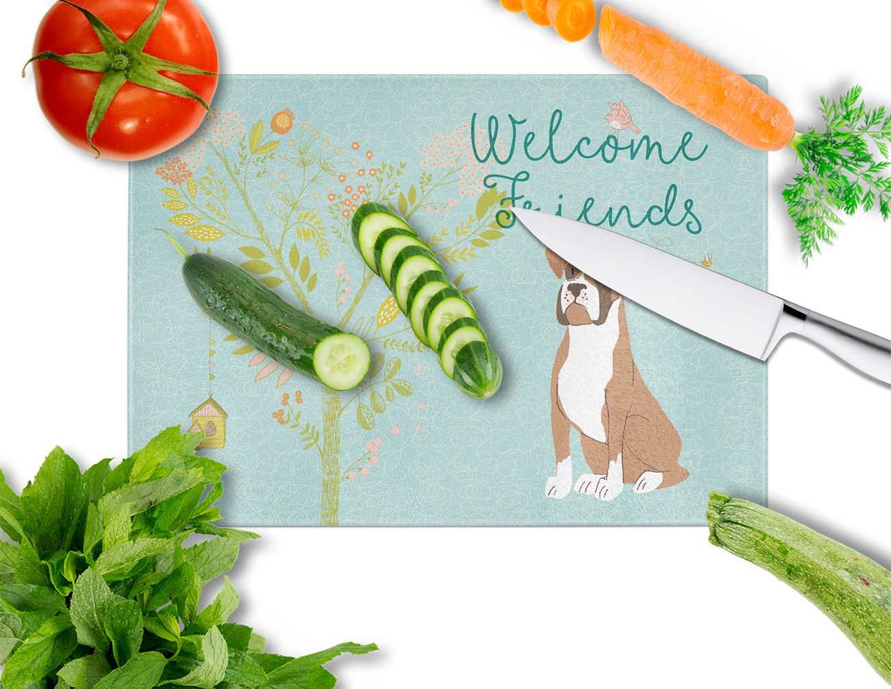 Welcome Friends Flashy Fawn Boxer Glass Cutting Board Large BB7582LCB by Caroline's Treasures