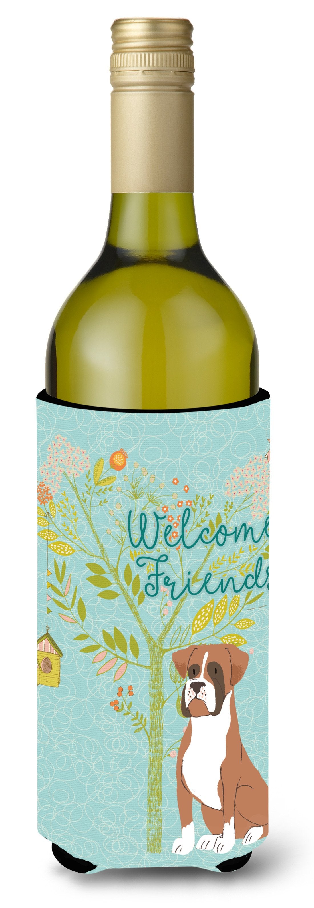 Welcome Friends Flashy Fawn Boxer Wine Bottle Beverge Insulator Hugger BB7582LITERK by Caroline&#39;s Treasures