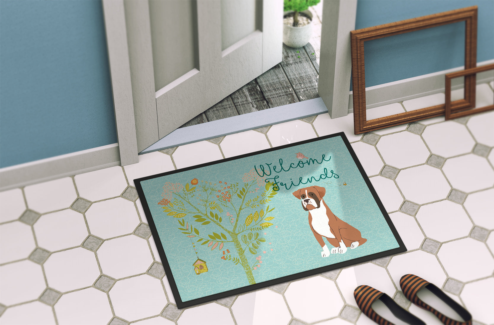 Welcome Friends Flashy Fawn Boxer Indoor or Outdoor Mat 18x27 BB7582MAT - the-store.com