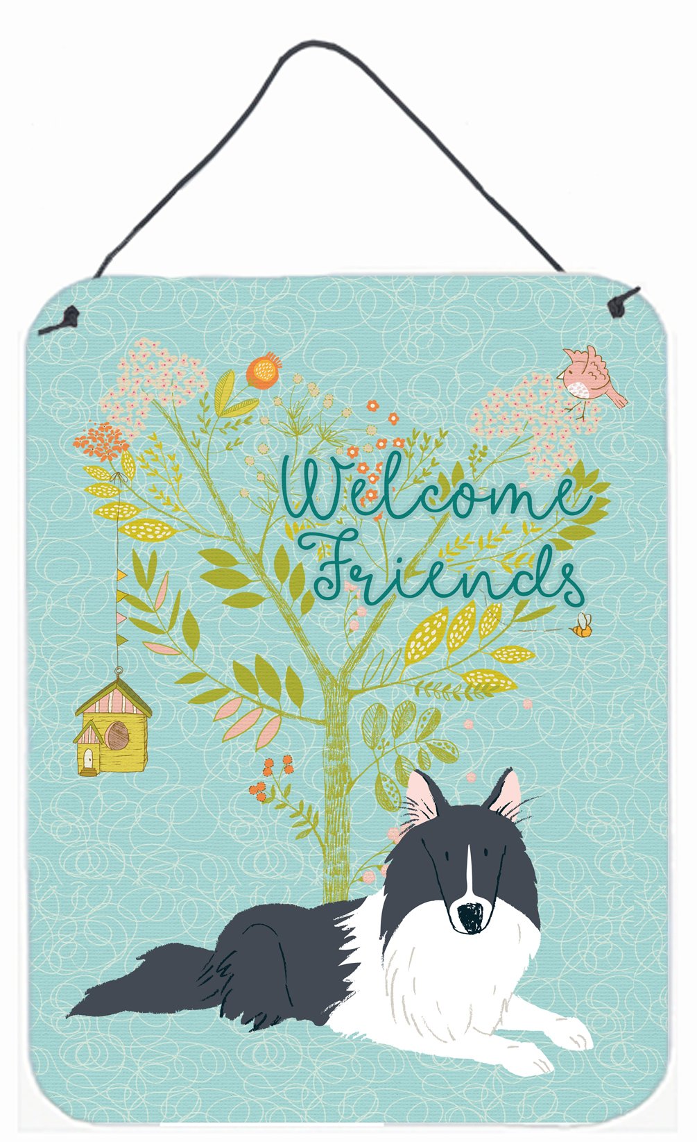 Welcome Friends Black White Collie Wall or Door Hanging Prints BB7583DS1216 by Caroline's Treasures