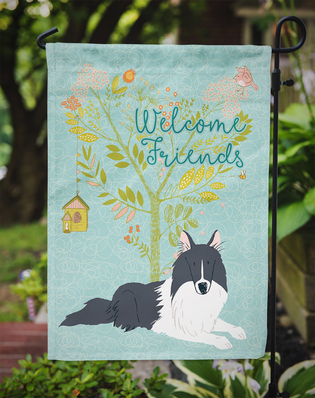 Welcome Friends Black White Collie Flag Garden Size BB7583GF  the-store.com.