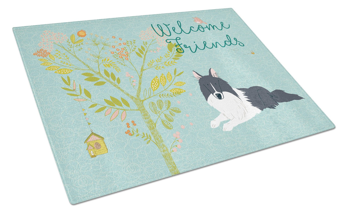 Welcome Friends Black White Collie Glass Cutting Board Large BB7583LCB by Caroline&#39;s Treasures