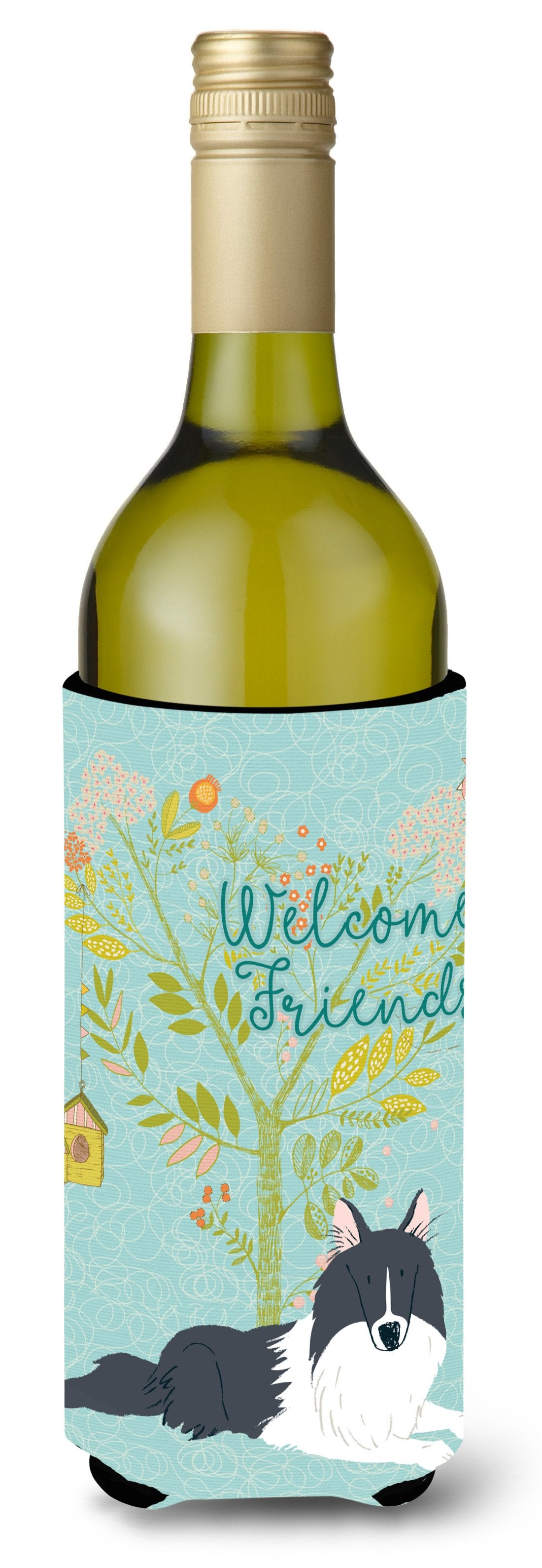Welcome Friends Black White Collie Wine Bottle Beverge Insulator Hugger BB7583LITERK by Caroline&#39;s Treasures