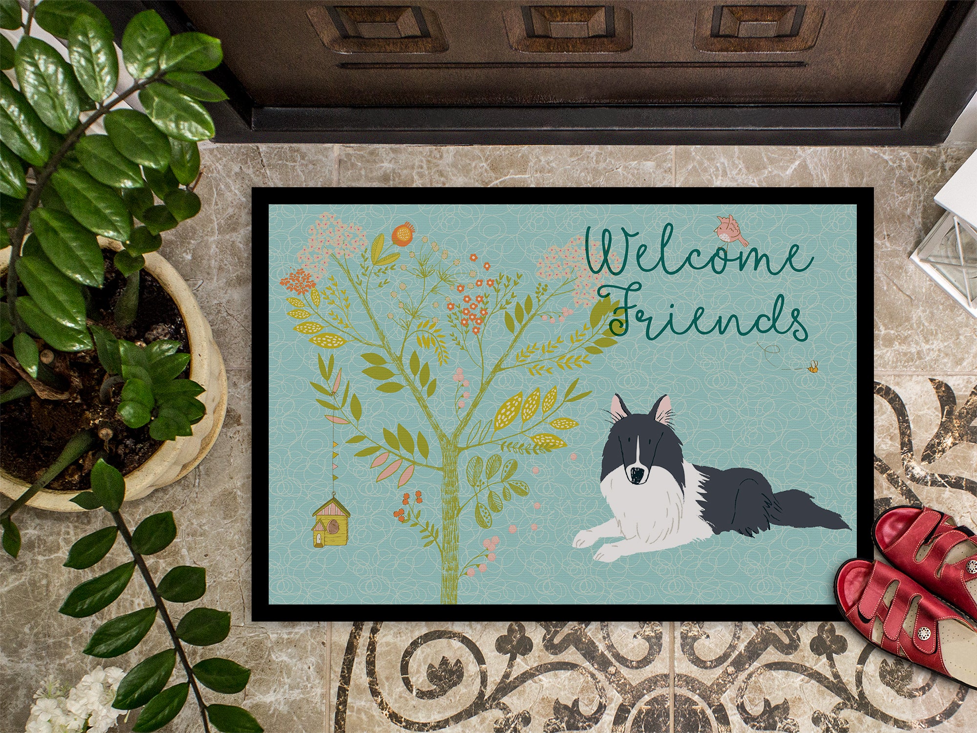 Welcome Friends Black White Collie Indoor or Outdoor Mat 18x27 BB7583MAT - the-store.com