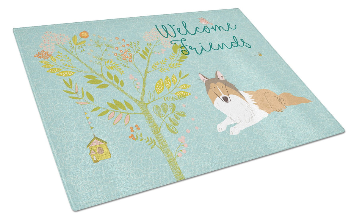 Welcome Friends Collie Glass Cutting Board Large BB7584LCB by Caroline&#39;s Treasures