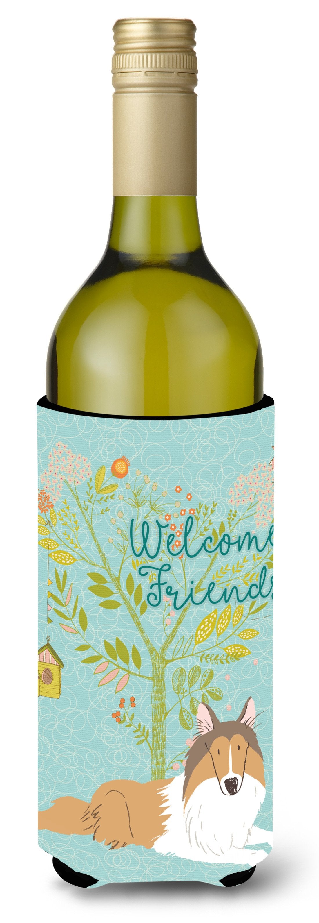 Welcome Friends Collie Wine Bottle Beverge Insulator Hugger BB7584LITERK by Caroline&#39;s Treasures