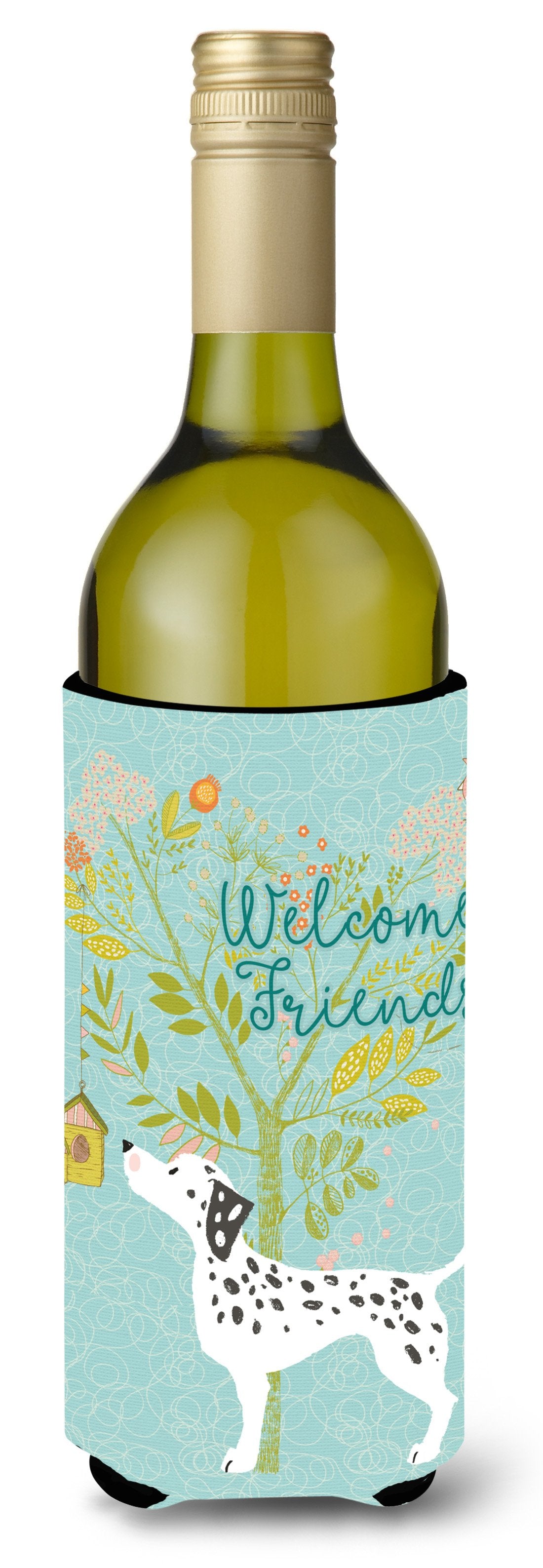 Welcome Friends Dalmatian Wine Bottle Beverge Insulator Hugger BB7585LITERK by Caroline&#39;s Treasures