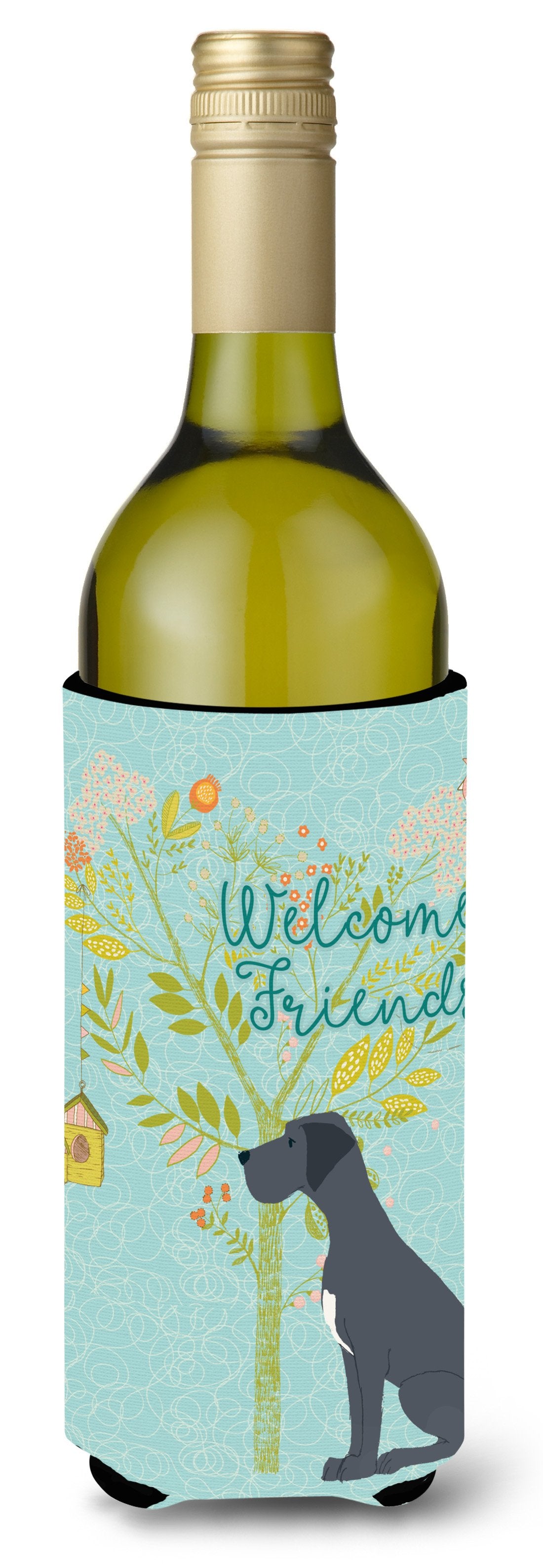 Welcome Friends Black Great Dane Wine Bottle Beverge Insulator Hugger BB7587LITERK by Caroline&#39;s Treasures