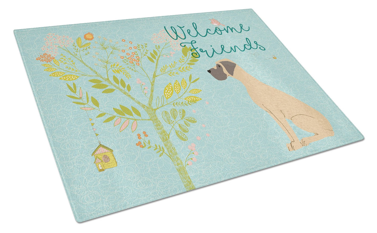 Welcome Friends Fawn Great Dane Natural Ears Glass Cutting Board Large BB7588LCB by Caroline&#39;s Treasures