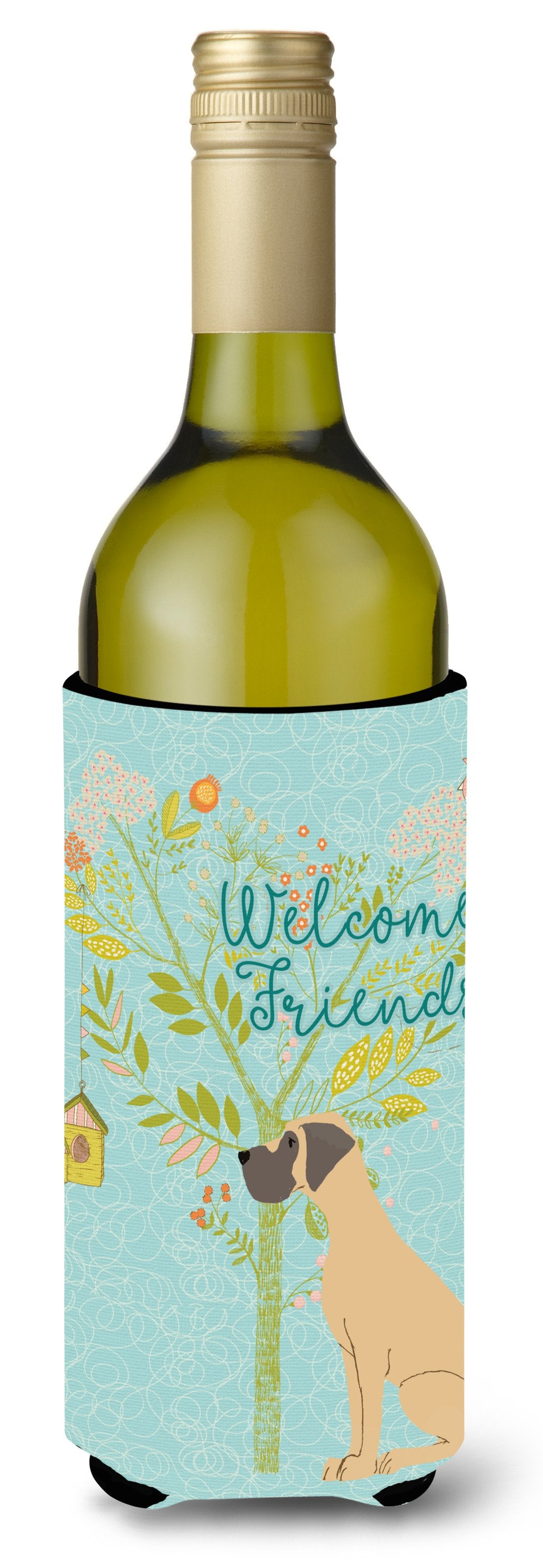 Welcome Friends Fawn Great Dane Natural Ears Wine Bottle Beverge Insulator Hugger BB7588LITERK by Caroline&#39;s Treasures