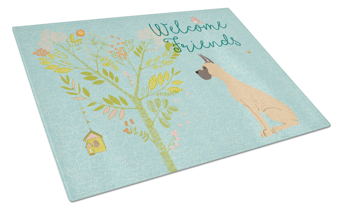 Welcome Friends Fawn Great Dane Cropped Ears Glass Cutting Board Large BB7589LCB by Caroline&#39;s Treasures
