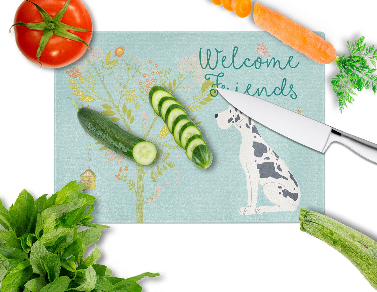 Welcome Friends Harlequin Great Dane Glass Cutting Board Large BB7590LCB by Caroline's Treasures