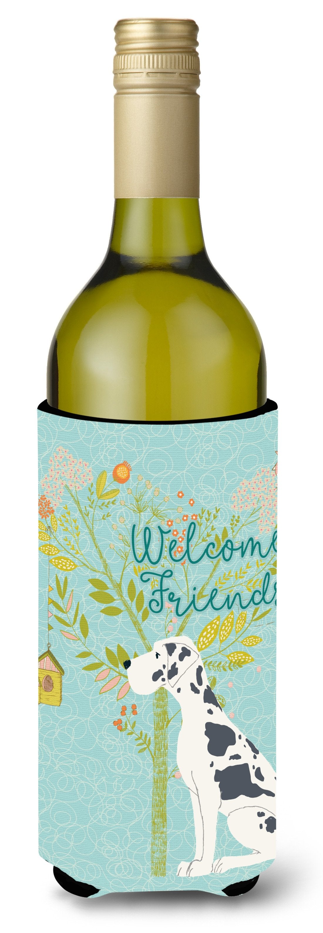 Welcome Friends Harlequin Great Dane Wine Bottle Beverge Insulator Hugger BB7590LITERK by Caroline&#39;s Treasures