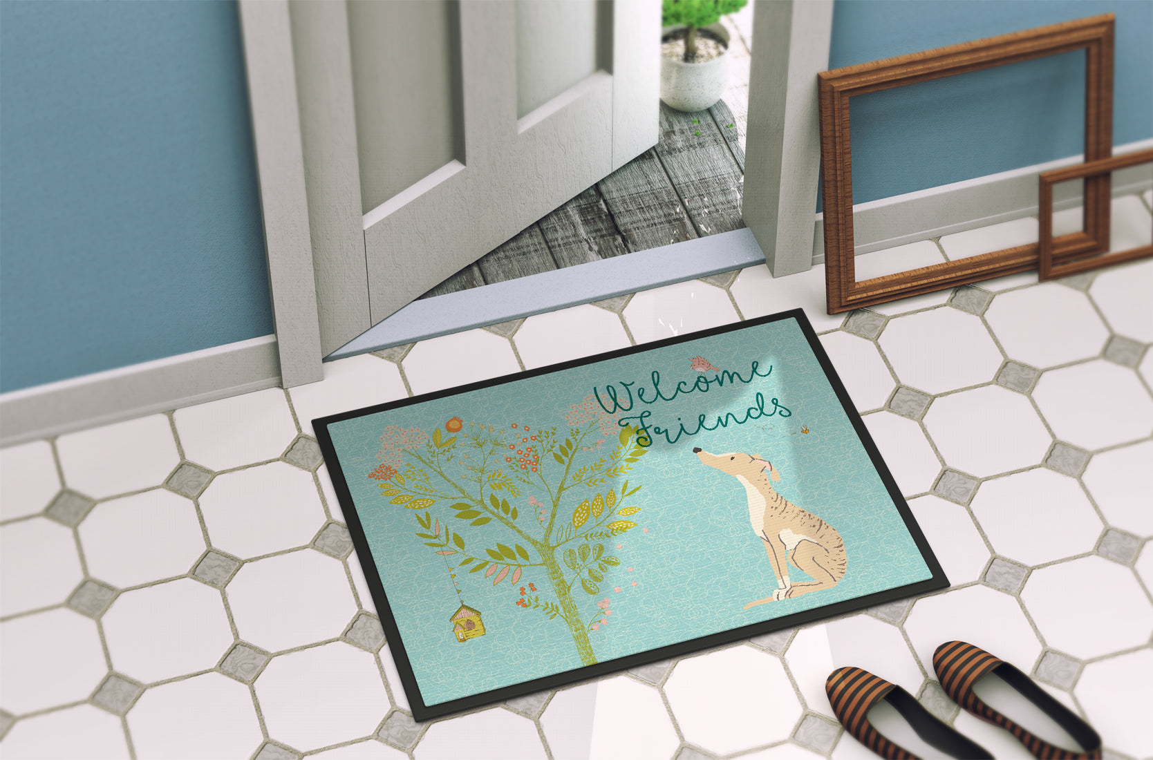 Welcome Friends Brindle Greyhound Indoor or Outdoor Mat 18x27 BB7591MAT - the-store.com
