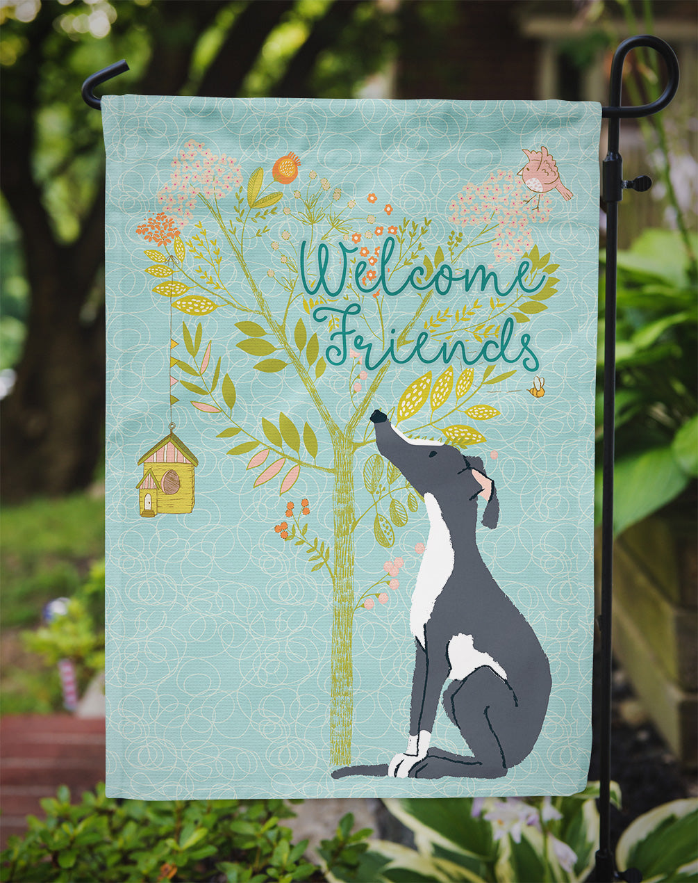 Welcome Friends Black White Greyhound Flag Garden Size BB7592GF
