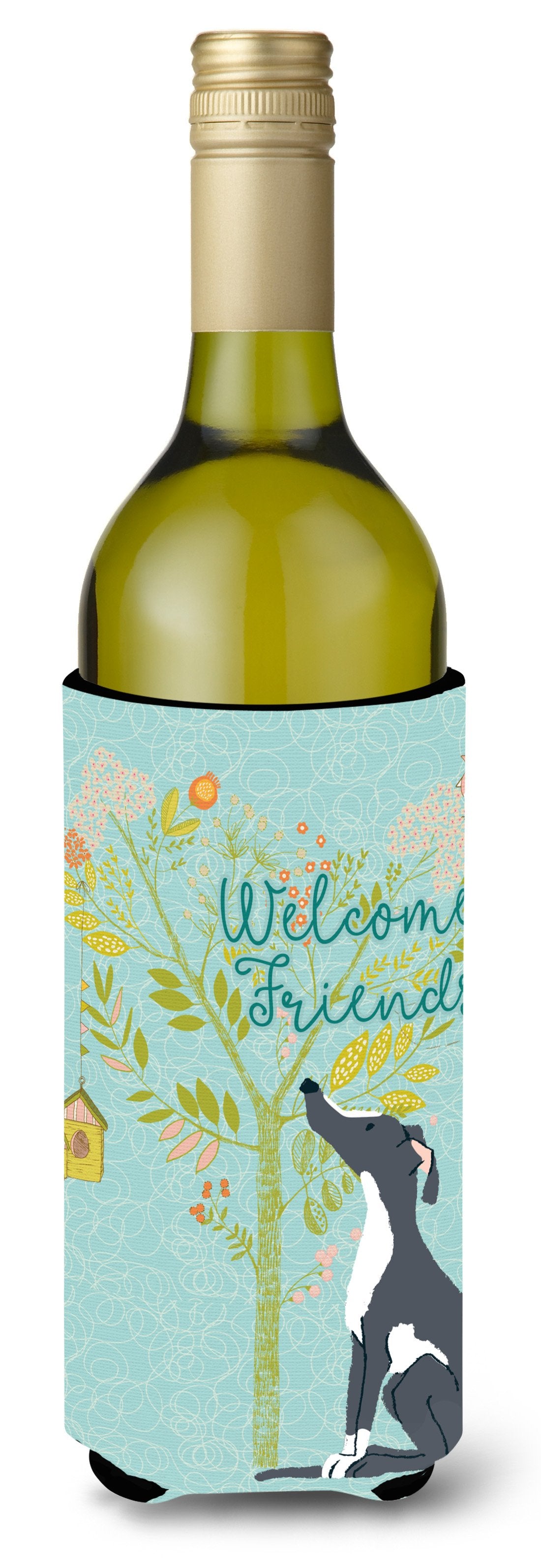 Welcome Friends Black White Greyhound Wine Bottle Beverge Insulator Hugger BB7592LITERK by Caroline's Treasures