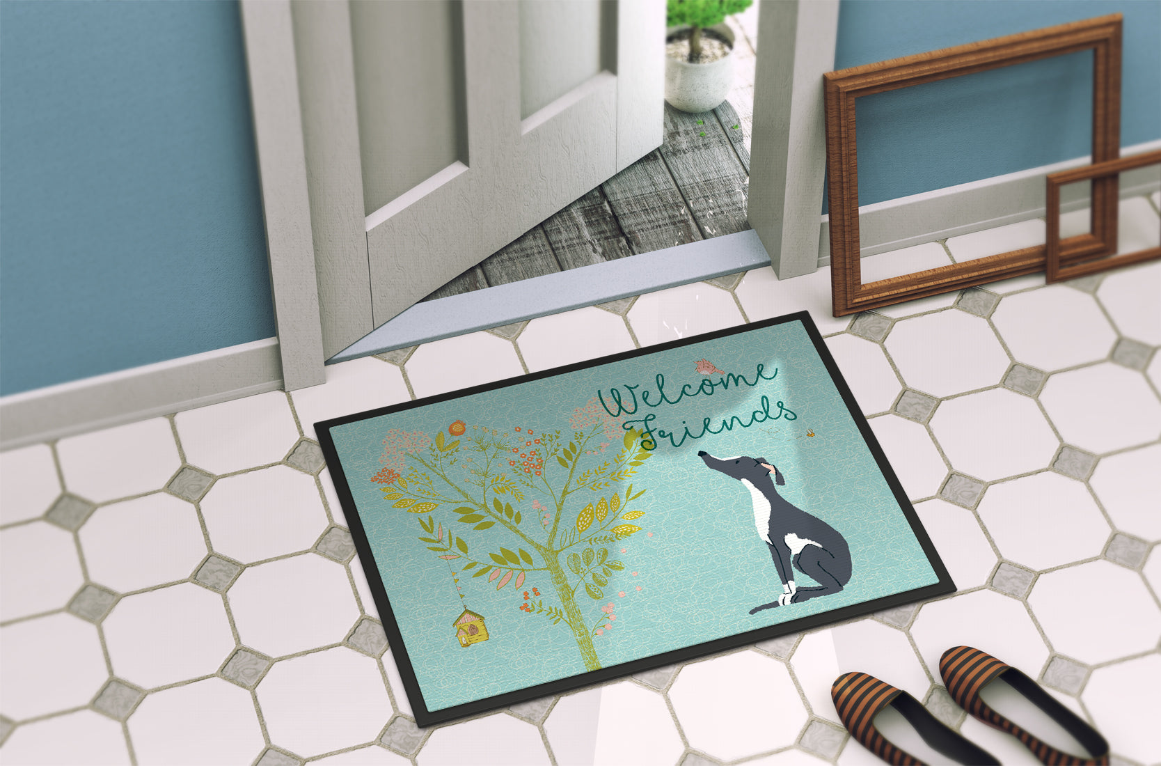 Welcome Friends Black White Greyhound Indoor or Outdoor Mat 18x27 BB7592MAT - the-store.com