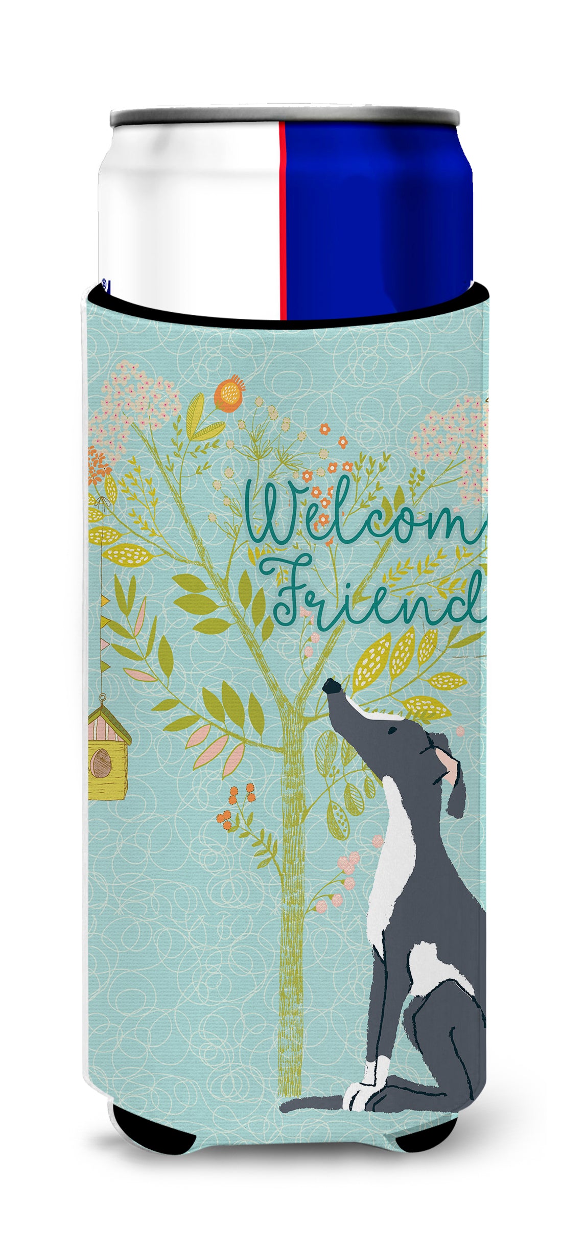 Welcome Friends Black White Greyhound  Ultra Hugger for slim cans BB7592MUK  the-store.com.