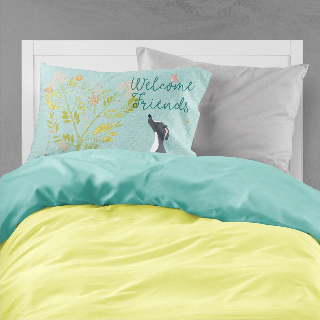 Welcome Friends Black White Greyhound Fabric Standard Pillowcase BB7592PILLOWCASE by Caroline's Treasures