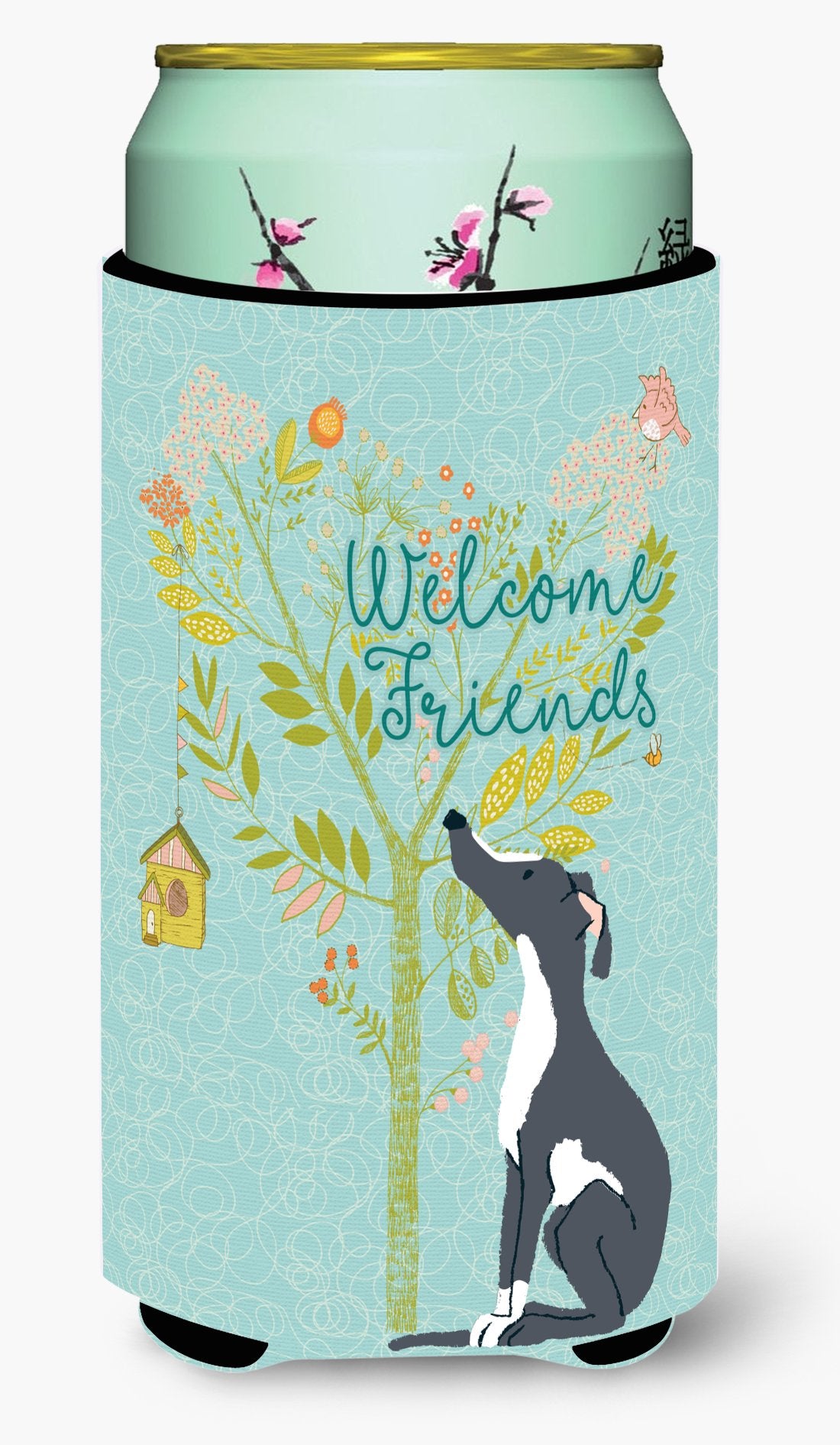 Welcome Friends Black White Greyhound Tall Boy Beverage Insulator Hugger BB7592TBC by Caroline&#39;s Treasures