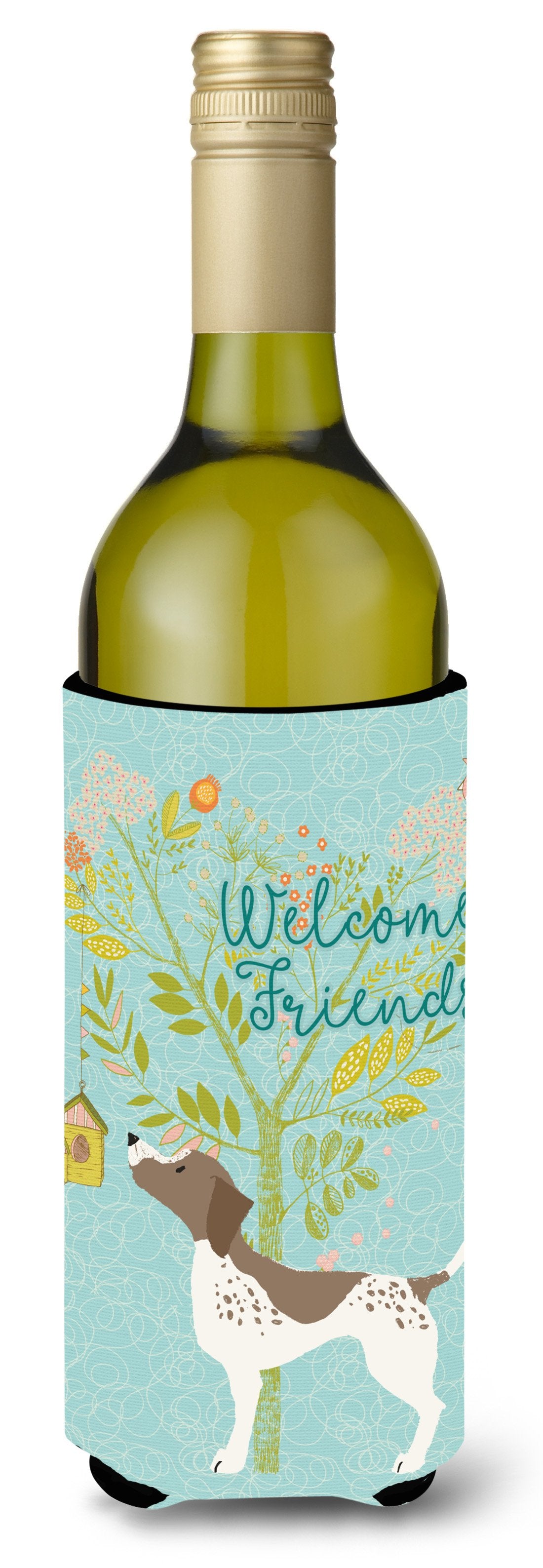 Welcome Friends Gun Dog Wine Bottle Beverge Insulator Hugger BB7593LITERK by Caroline&#39;s Treasures