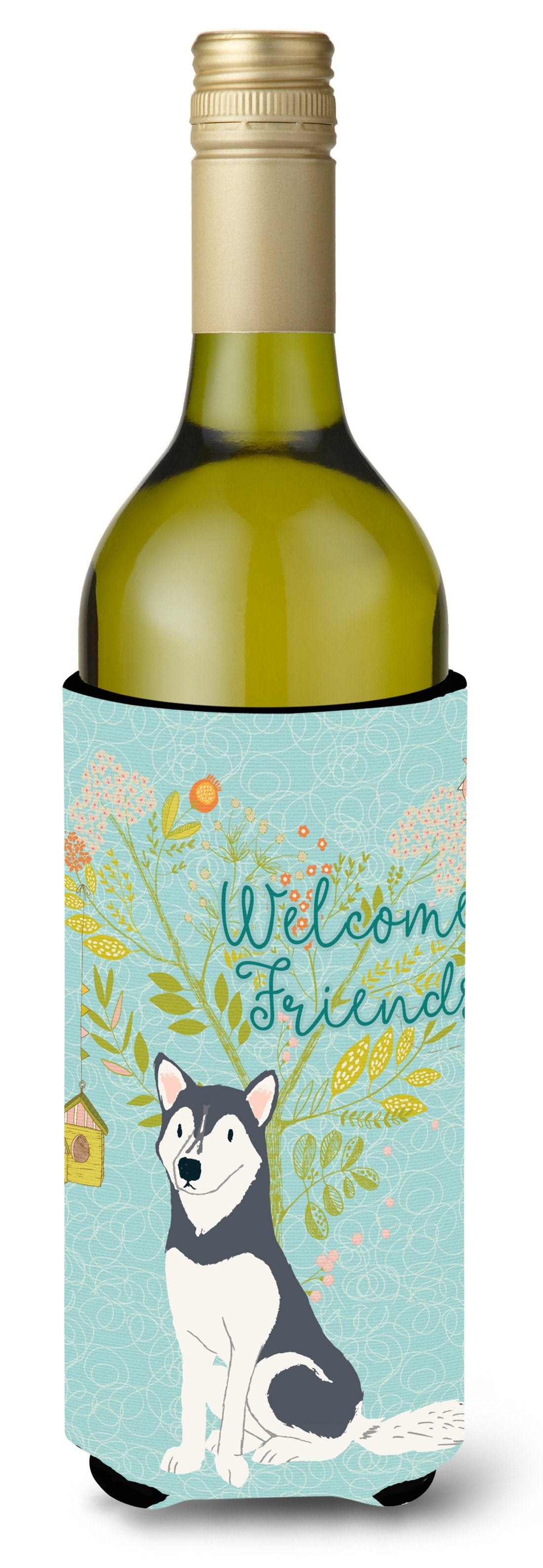 Welcome Friends Siberian Husky Wine Bottle Beverge Insulator Hugger BB7594LITERK by Caroline&#39;s Treasures
