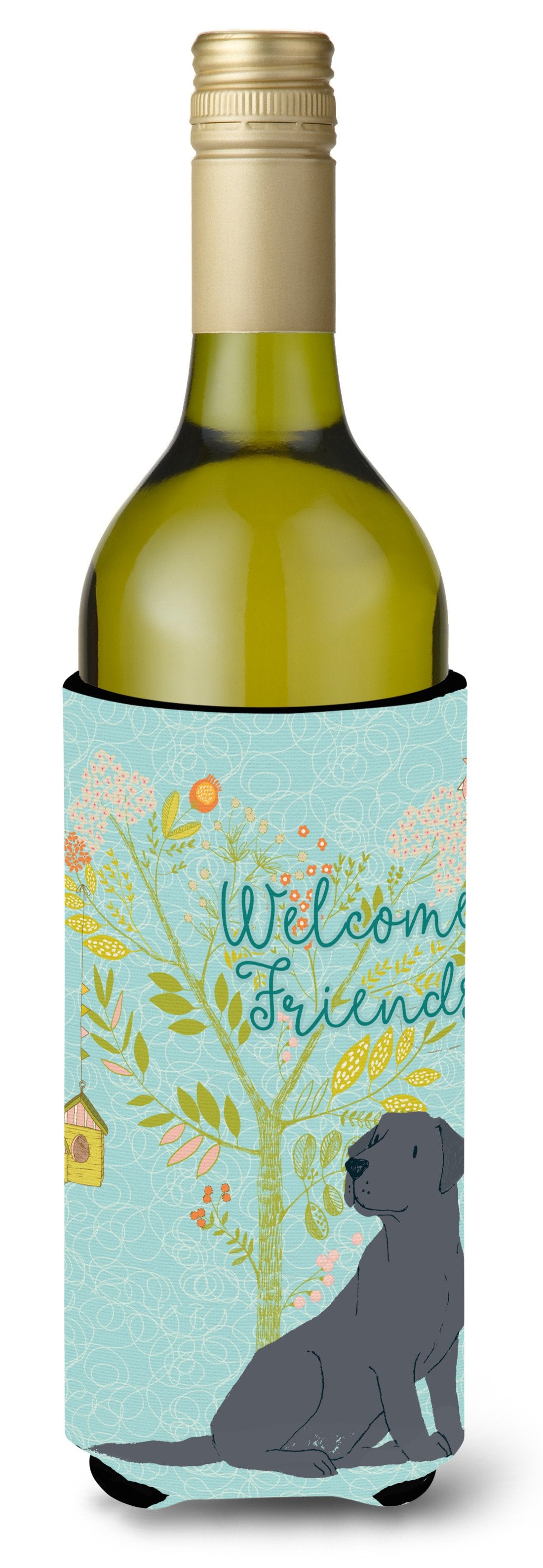 Welcome Friends Black Labrador Retriever Wine Bottle Beverge Insulator Hugger BB7595LITERK by Caroline&#39;s Treasures
