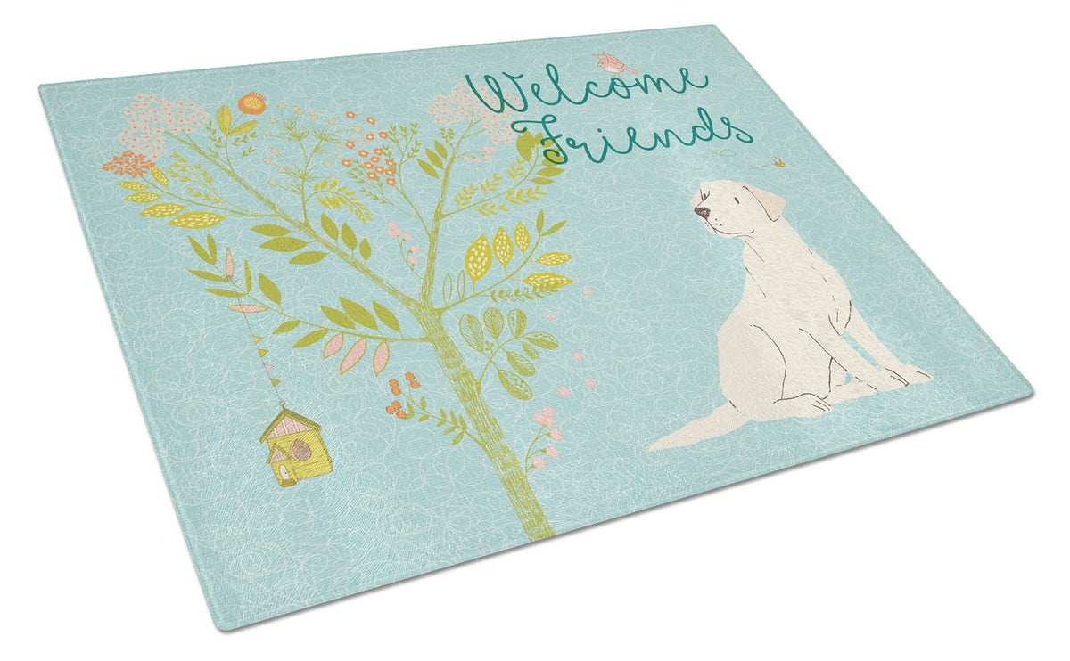 Welcome Friends Yellow Labrador Retriever Glass Cutting Board Large BB7596LCB by Caroline&#39;s Treasures