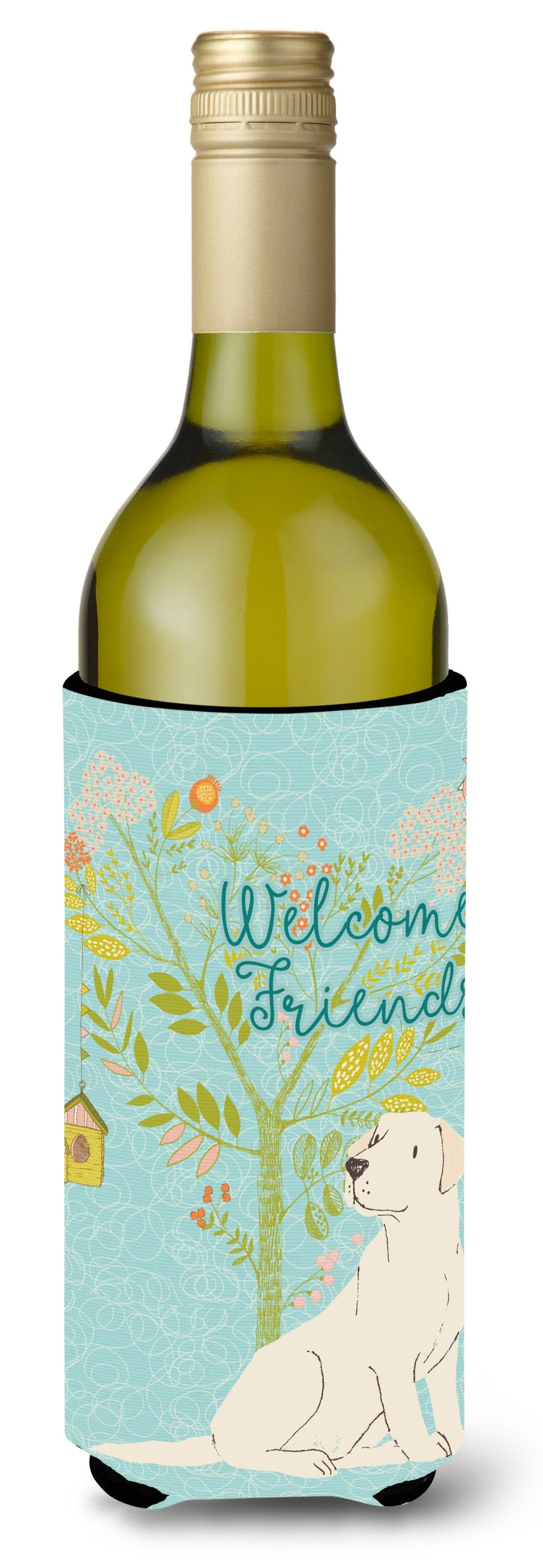 Welcome Friends Yellow Labrador Retriever Wine Bottle Beverge Insulator Hugger BB7596LITERK by Caroline&#39;s Treasures