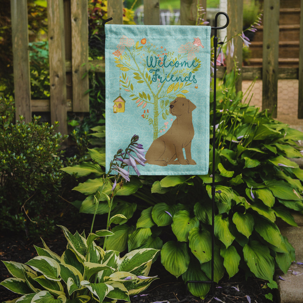 Caroline's Treasures Welcome Friends Chocolate Labrador Retriever Garden Flag – Teal Dog Yard Decor with Tree Illustration BB7597GF