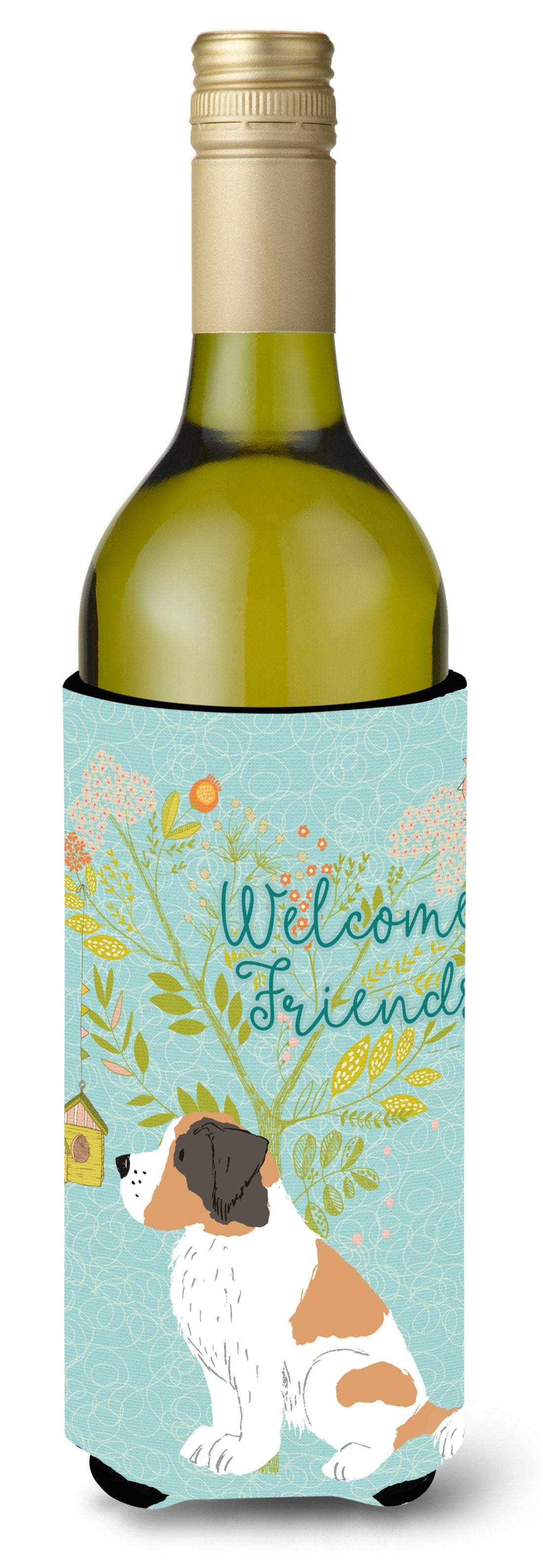 Welcome Friends Saint Bernard Wine Bottle Beverge Insulator Hugger BB7599LITERK by Caroline&#39;s Treasures