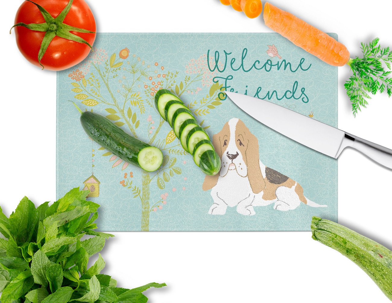 Welcome Friends Basset Hound Glass Cutting Board Large BB7600LCB by Caroline's Treasures