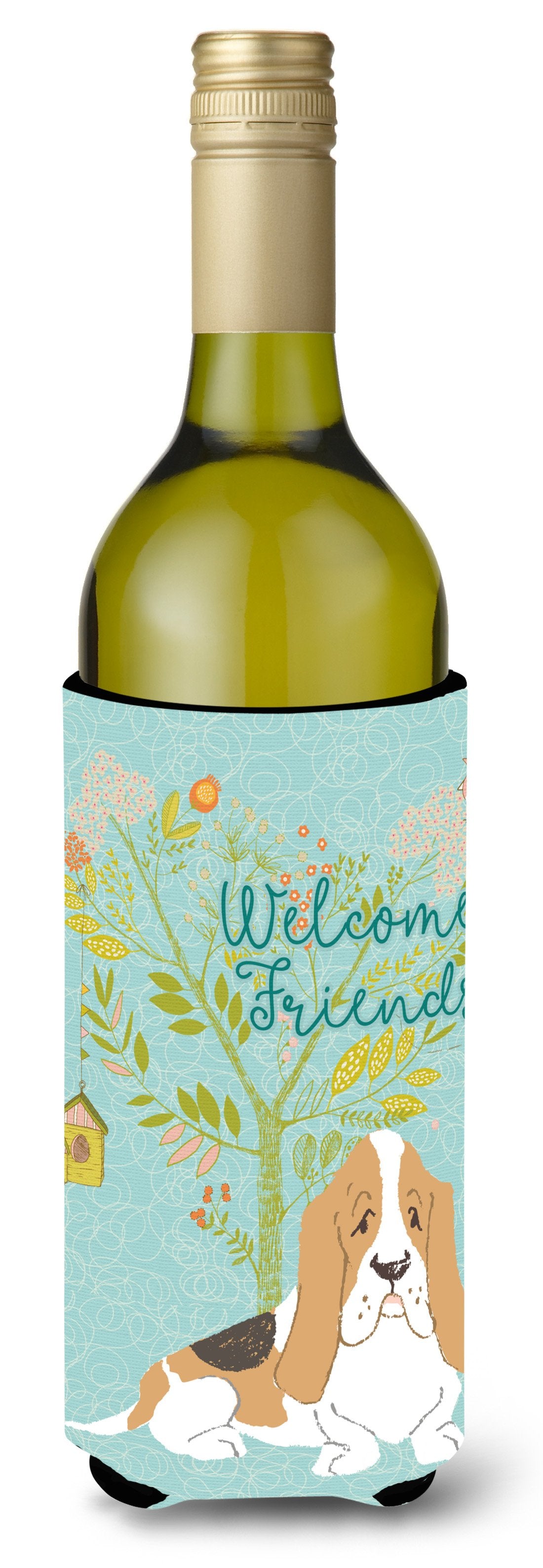 Welcome Friends Basset Hound Wine Bottle Beverge Insulator Hugger BB7600LITERK by Caroline&#39;s Treasures