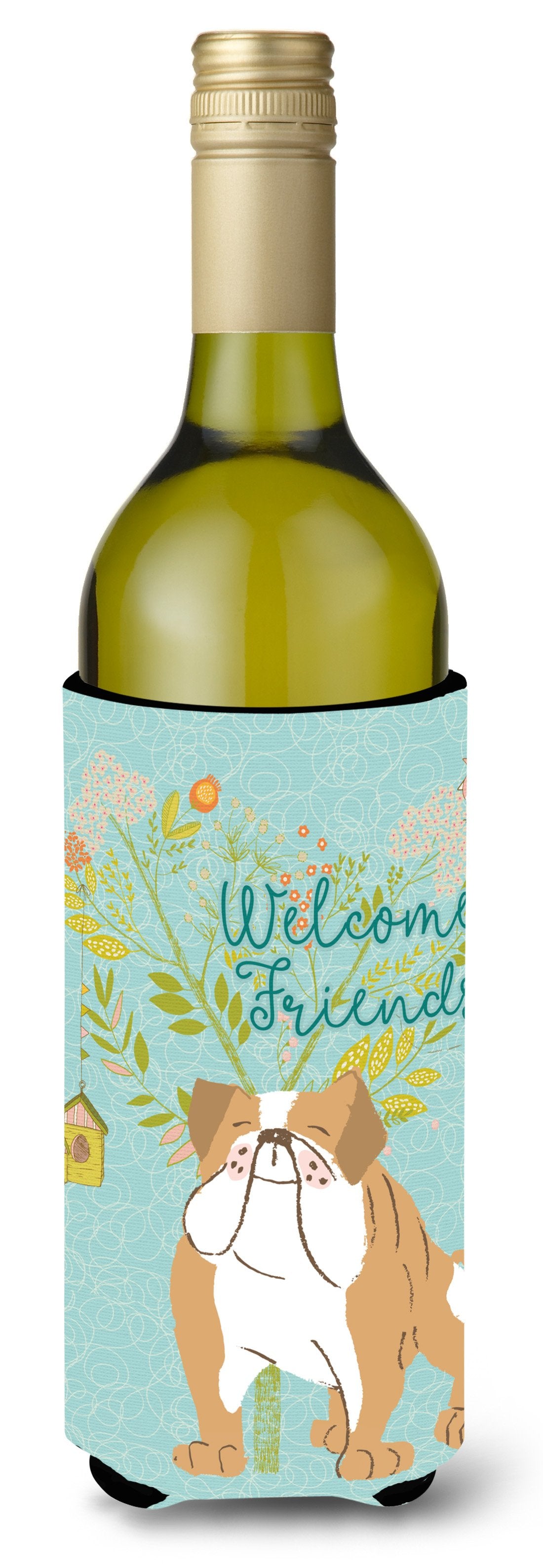 Welcome Friends English Bulldog Wine Bottle Beverge Insulator Hugger BB7602LITERK by Caroline&#39;s Treasures