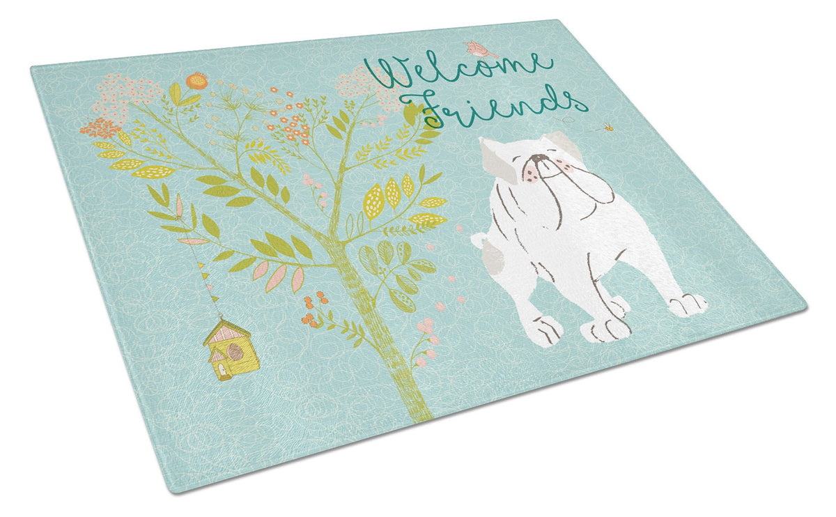 Welcome Friends English Bulldog White Glass Cutting Board Large BB7603LCB by Caroline&#39;s Treasures