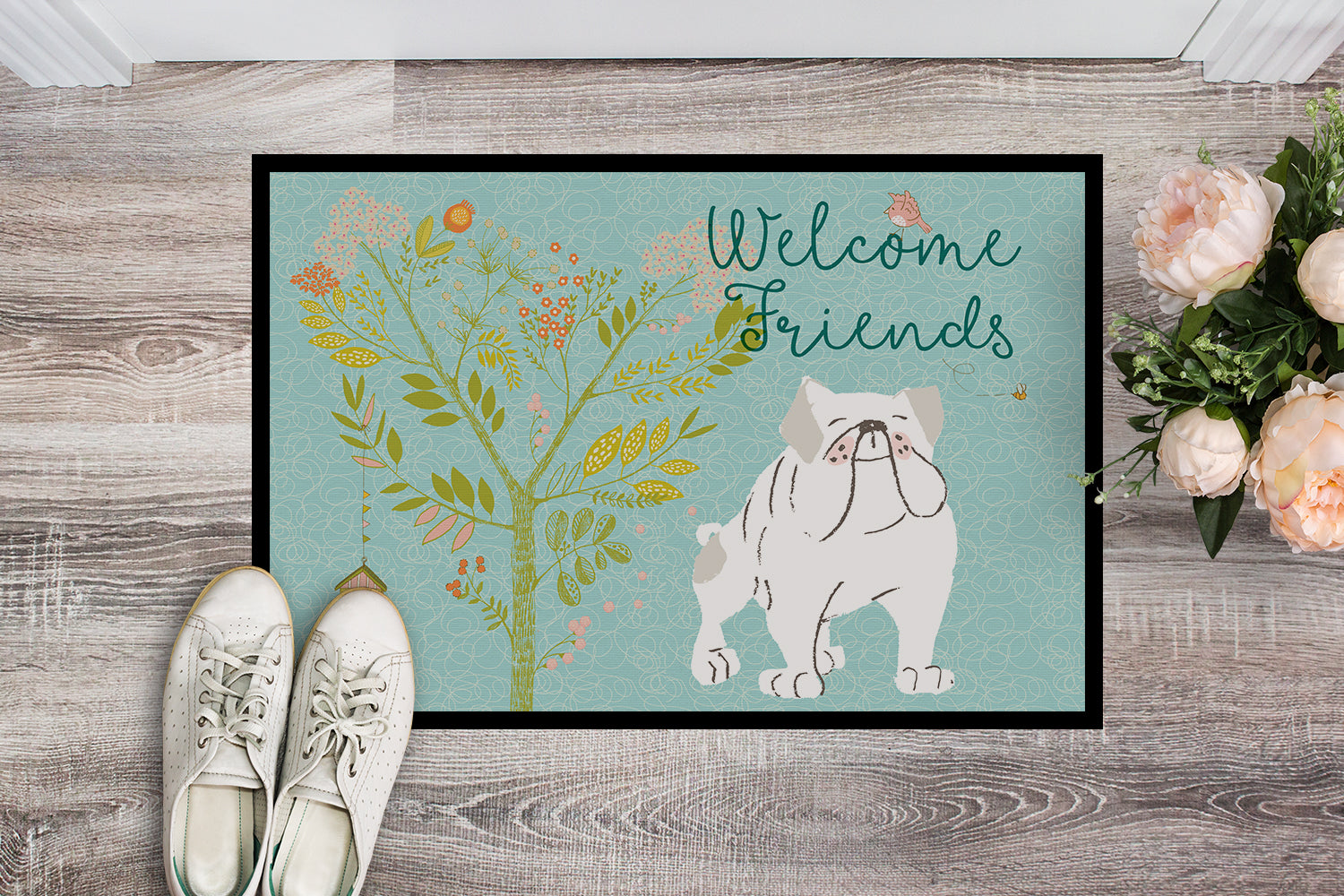 Welcome Friends English Bulldog White Indoor or Outdoor Mat 18x27 BB7603MAT - the-store.com