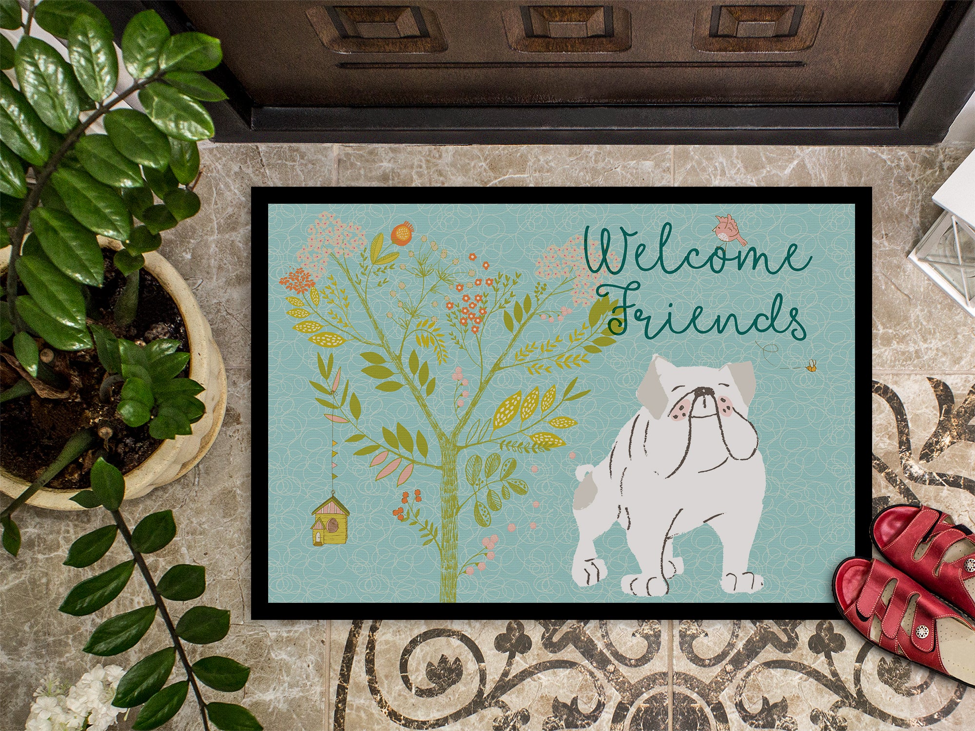 Welcome Friends English Bulldog White Indoor or Outdoor Mat 18x27 BB7603MAT - the-store.com