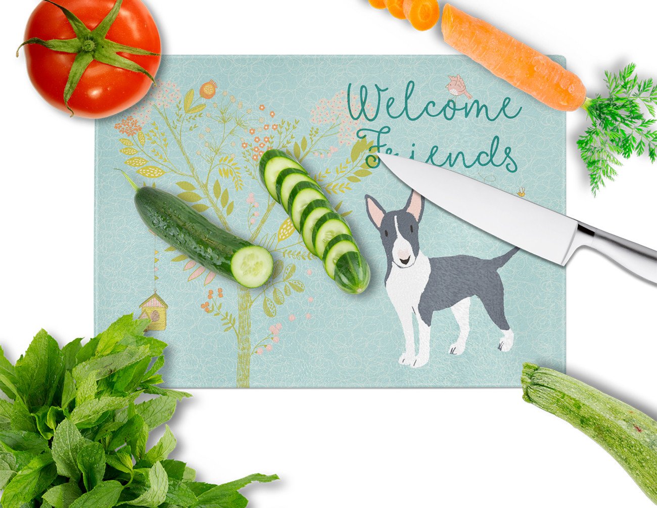 Welcome Friends Black Bull Terrier Glass Cutting Board Large BB7604LCB by Caroline's Treasures