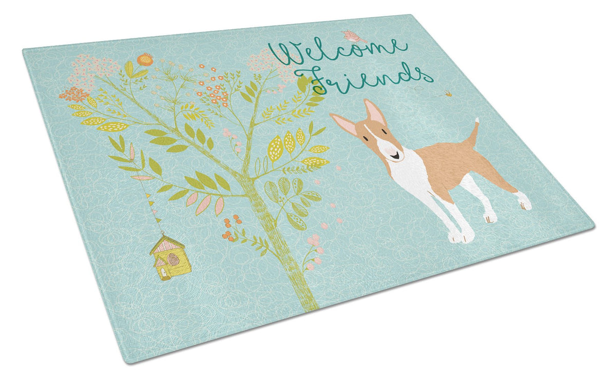 Welcome Friends Brown Bull Terrier Glass Cutting Board Large BB7605LCB by Caroline&#39;s Treasures