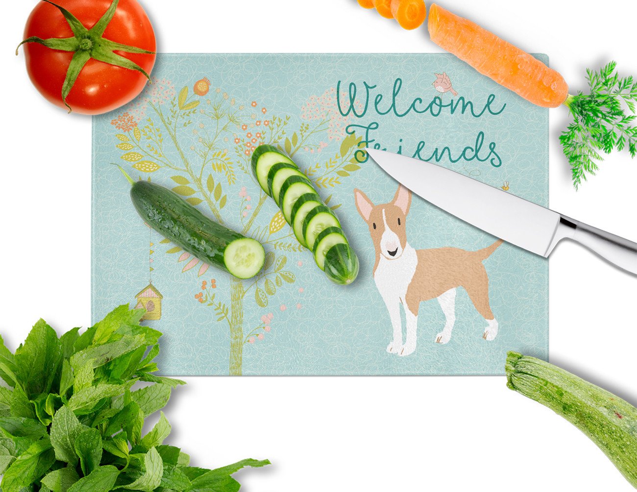 Welcome Friends Brown Bull Terrier Glass Cutting Board Large BB7605LCB by Caroline's Treasures