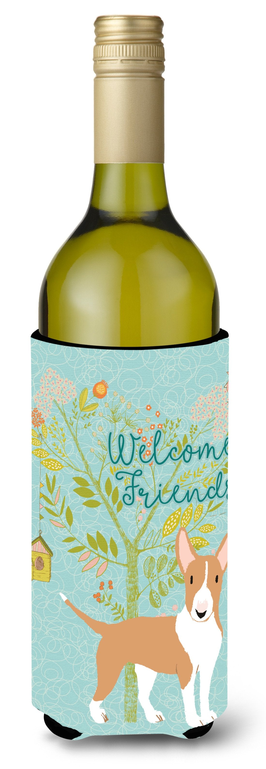 Welcome Friends Brown Bull Terrier Wine Bottle Beverge Insulator Hugger BB7605LITERK by Caroline&#39;s Treasures