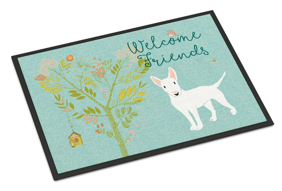Welcome Friends White Bull Terrier Indoor or Outdoor Mat 24x36 BB7606JMAT by Caroline&#39;s Treasures