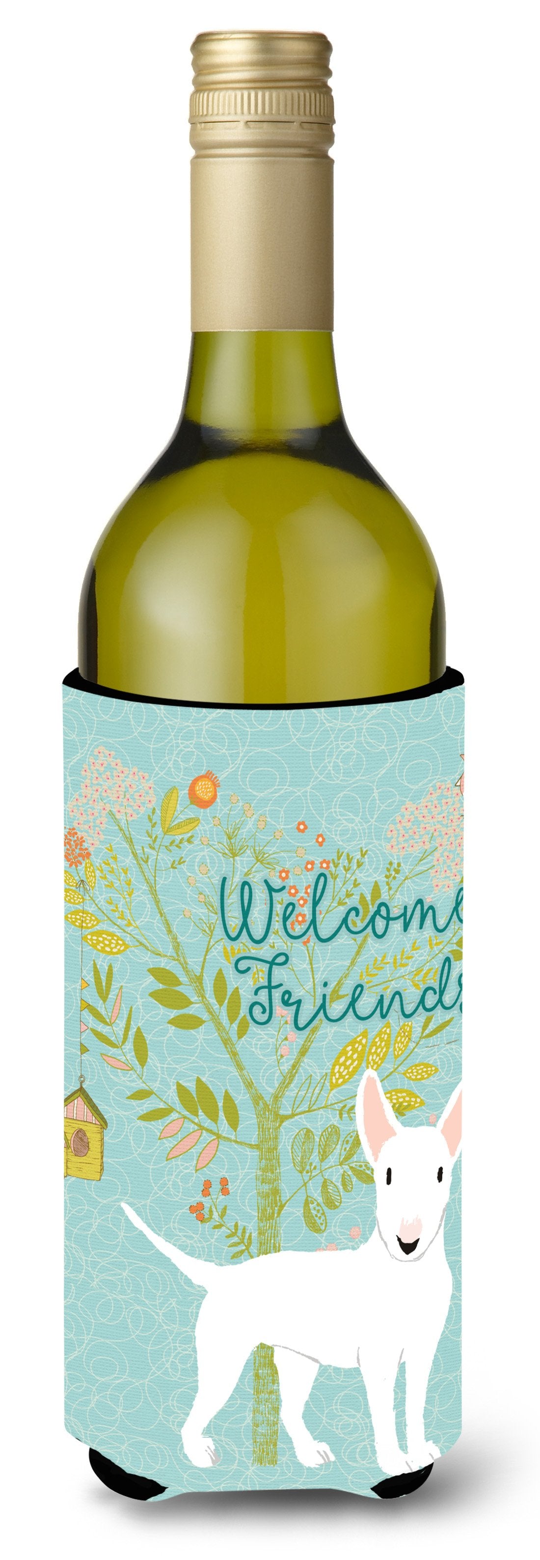 Welcome Friends White Bull Terrier Wine Bottle Beverge Insulator Hugger BB7606LITERK by Caroline&#39;s Treasures