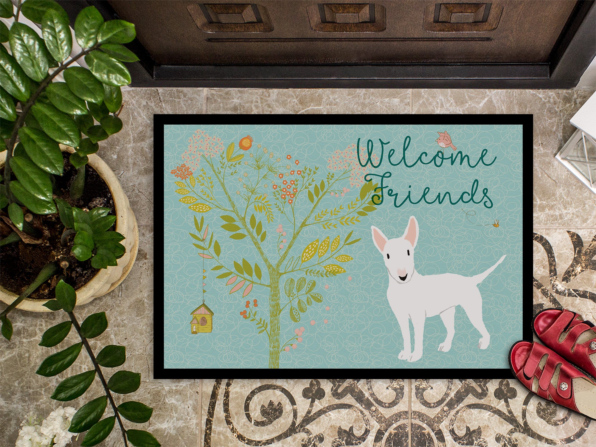 Welcome Friends White Bull Terrier Indoor or Outdoor Mat 18x27 BB7606MAT - the-store.com
