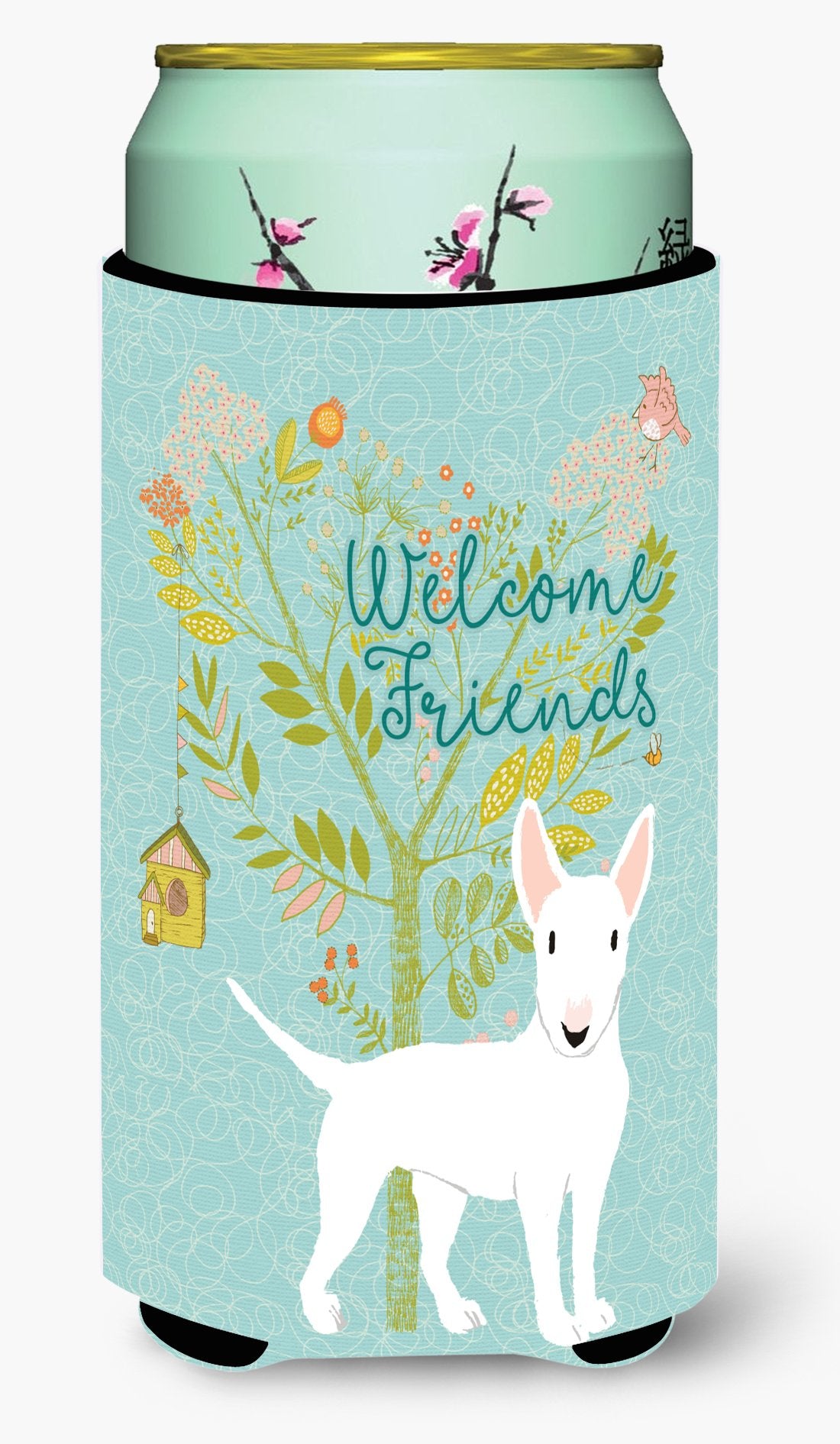 Welcome Friends White Bull Terrier Tall Boy Beverage Insulator Hugger BB7606TBC by Caroline&#39;s Treasures
