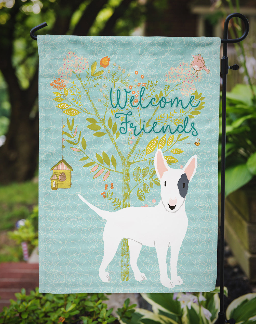 Welcome Friends White Patched Bull Terrier Flag Garden Size BB7607GF