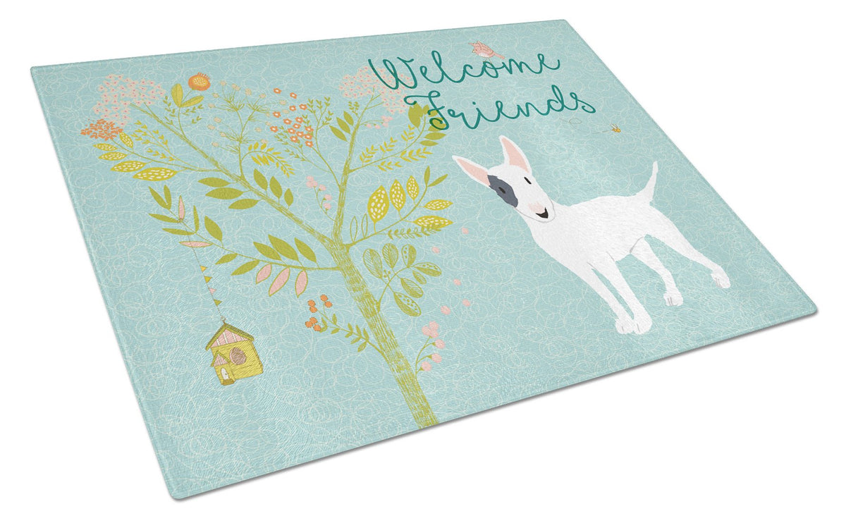 Welcome Friends White Patched Bull Terrier Glass Cutting Board Large BB7607LCB by Caroline&#39;s Treasures